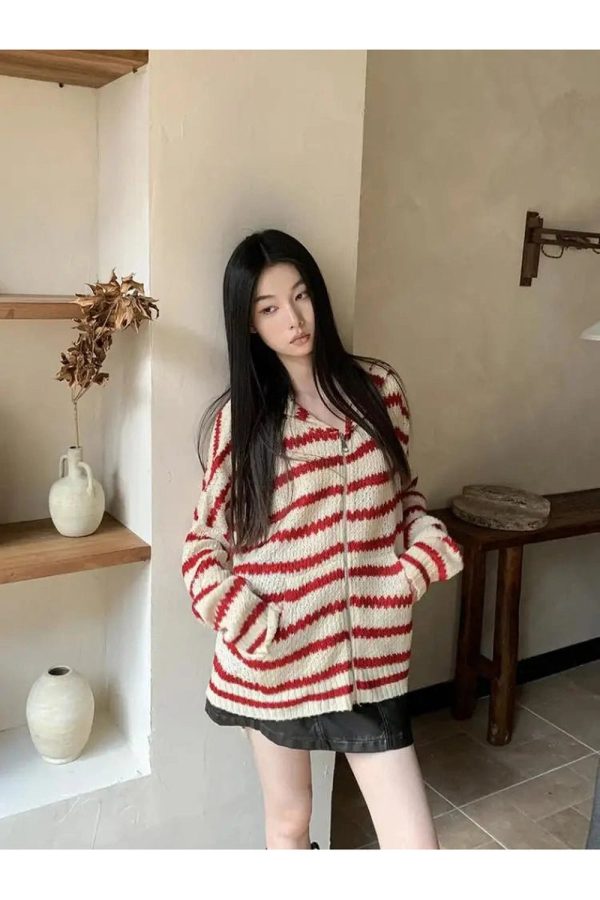 Cozy Striped Y2K Aesthetic Hooded Knit Cardigan for Comfy Outfits