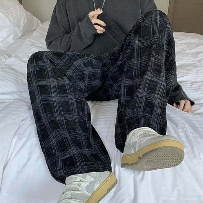 Cozy Up Y2K Plaid Pants in Navy for Chic Aesthetic Outfits