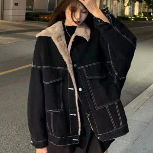 Cozy Urban Nights Sherpa-Lined Jacket for Y2K Aesthetic Style