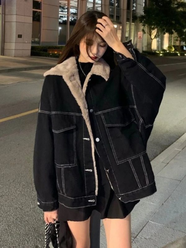 Cozy Urban Nights Sherpa-Lined Jacket for Y2K Aesthetic Style