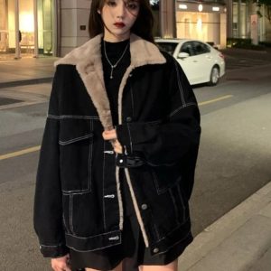 Cozy Urban Nights Sherpa-Lined Jacket for Y2K Aesthetic Style