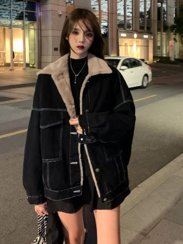 Cozy Urban Nights Sherpa-Lined Jacket for Y2K Aesthetic Style