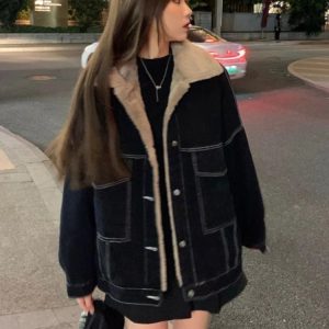 Cozy Urban Nights Sherpa-Lined Jacket for Y2K Aesthetic Style