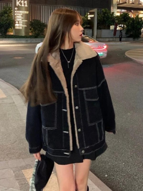 Cozy Urban Nights Sherpa-Lined Jacket for Y2K Aesthetic Style