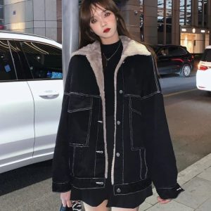 Cozy Urban Nights Sherpa-Lined Jacket for Y2K Aesthetic Style