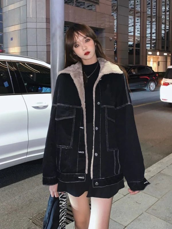 Cozy Urban Nights Sherpa-Lined Jacket for Y2K Aesthetic Style