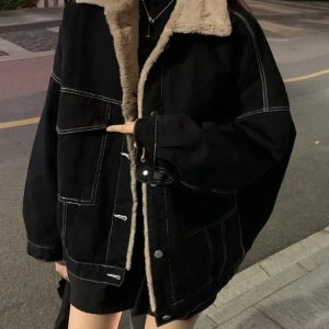 Cozy Urban Nights Sherpa-Lined Jacket for Y2K Aesthetic Style