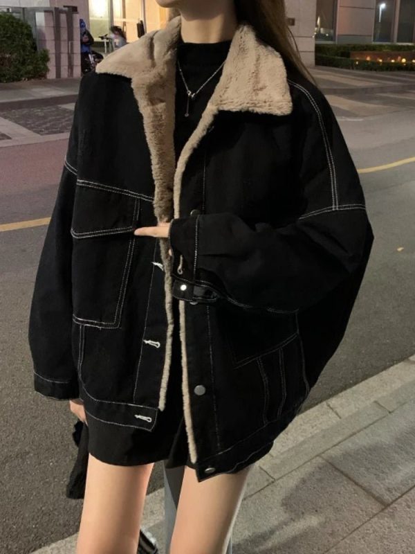 Cozy Urban Nights Sherpa-Lined Jacket for Y2K Aesthetic Style