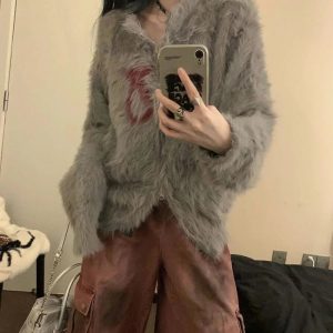 Cozy Wolf Spirit Furry Sweater for Y2K Aesthetic and Grunge Style