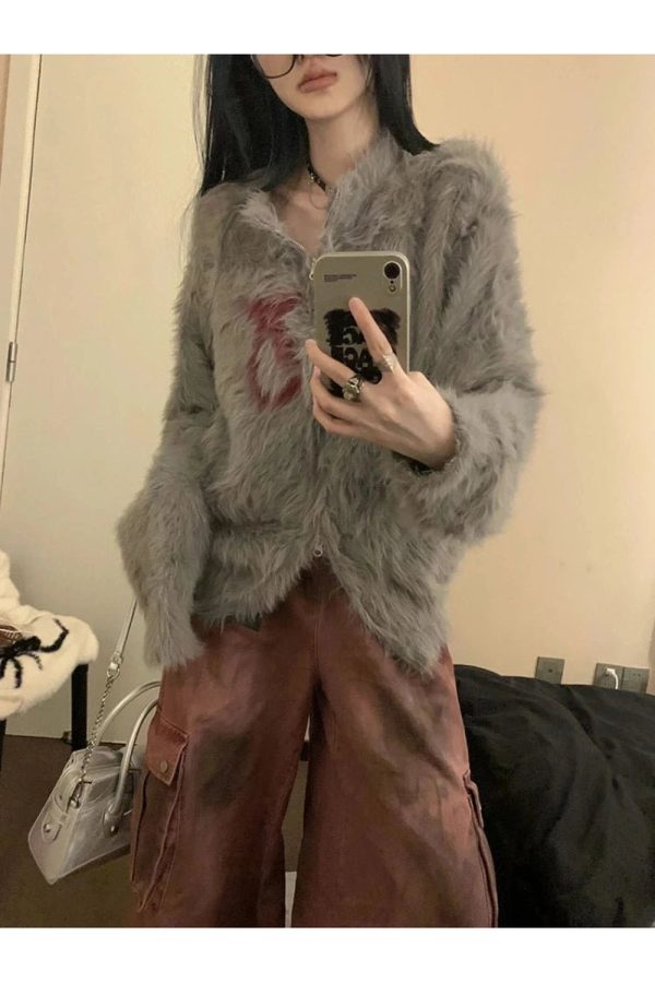 Cozy Wolf Spirit Furry Sweater for Y2K Aesthetic and Grunge Style