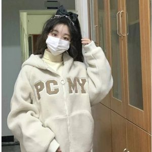 Cozy Y2K Varsity Fleece Zip-Up Hoodie for Aesthetic Outfits