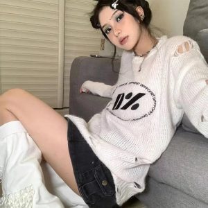 Cozy Zero Percent Distressed Sweater for Y2K Aesthetic Outfits