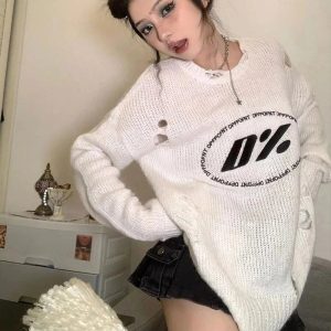 Cozy Zero Percent Distressed Sweater for Y2K Aesthetic Outfits