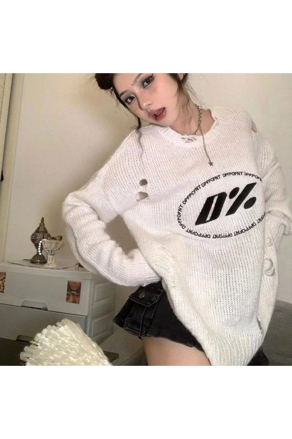 Cozy Zero Percent Distressed Sweater for Y2K Aesthetic Outfits