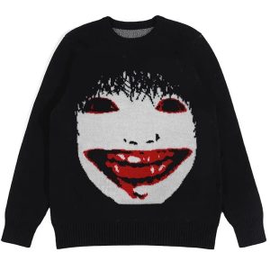 Creepy Smile Knit Sweater - Y2K Aesthetic Cute Top for Grunge Style Lovers