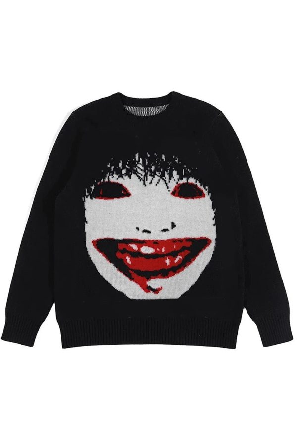 Creepy Smile Knit Sweater - Y2K Aesthetic Cute Top for Grunge Style Lovers