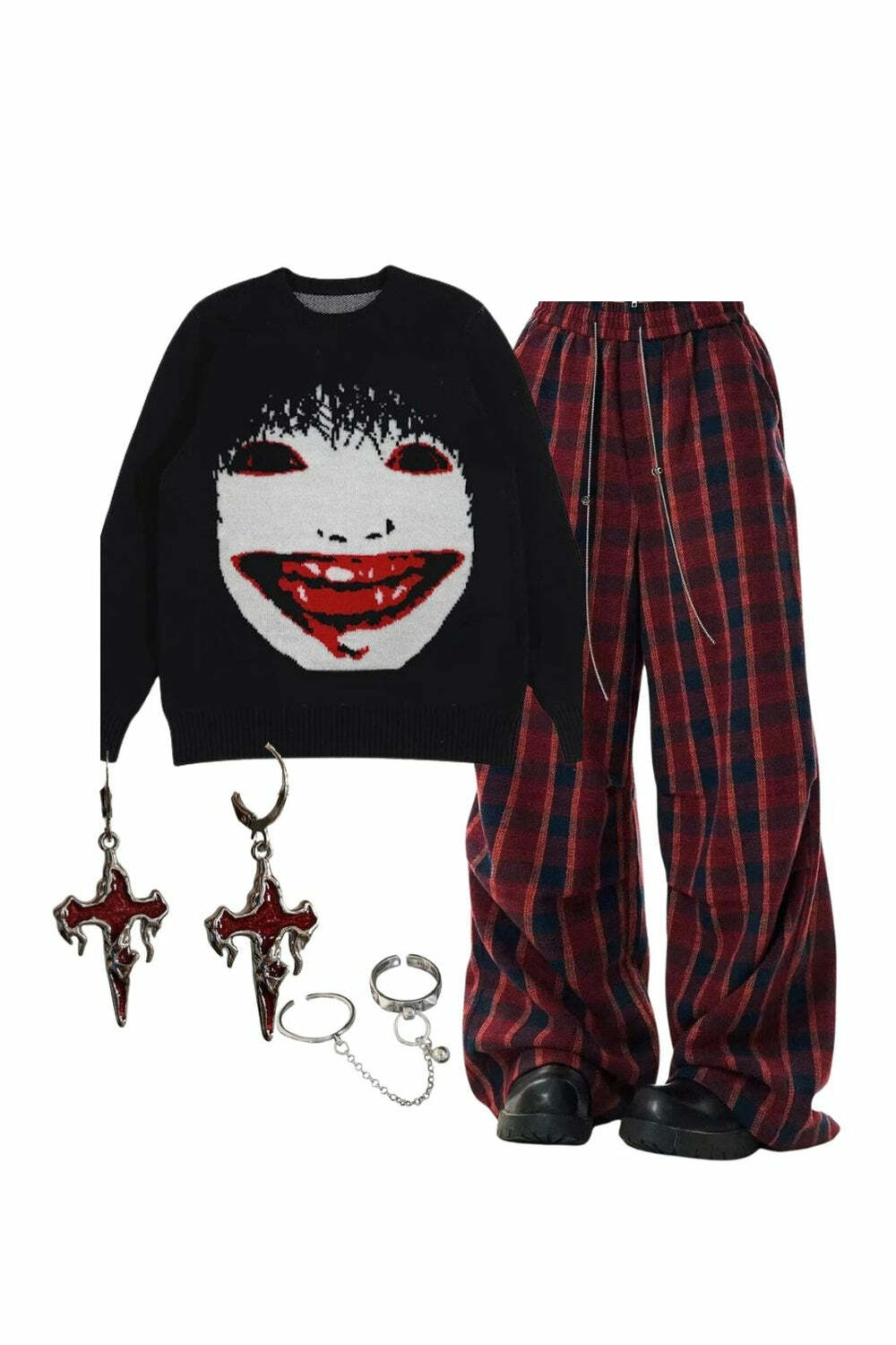 Creepy Smile Knit Sweater & Classic Plaid Baggy Pants for Y2K Aesthetic