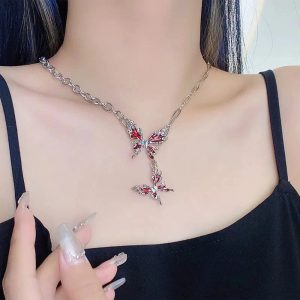 Crimson Butterfly Chain Necklace - Y2K Aesthetic Jewelry for Trendy Looks