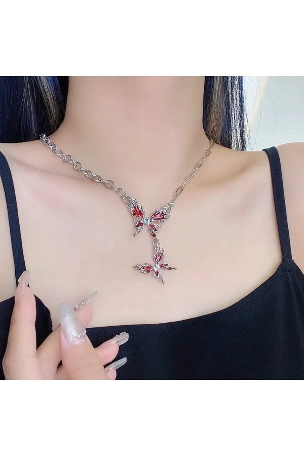 Crimson Butterfly Chain Necklace - Y2K Aesthetic Jewelry for Trendy Looks