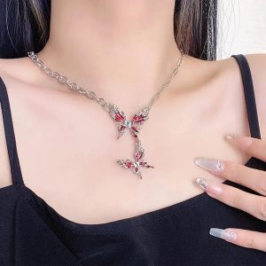 Crimson Butterfly Chain Necklace - Y2K Aesthetic Jewelry for Trendy Looks