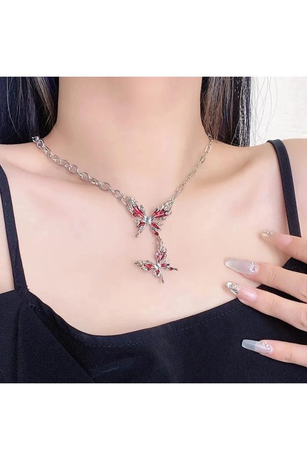 Crimson Butterfly Chain Necklace - Y2K Aesthetic Jewelry for Trendy Looks