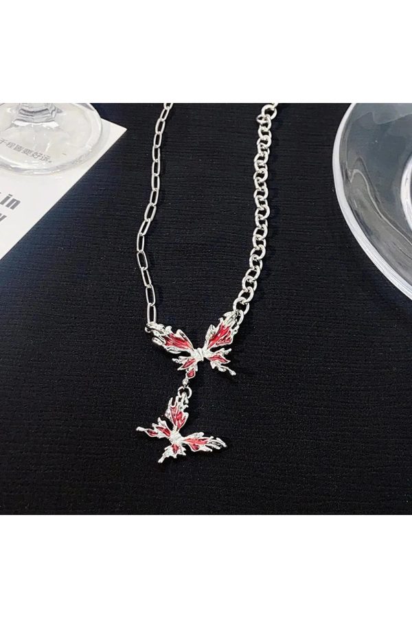 Crimson Butterfly Chain Necklace - Y2K Aesthetic Jewelry for Trendy Looks