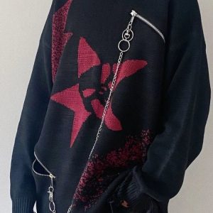 Crimson Chaos Y2K Aesthetic Chain Sweater for Grunge and Coquette Styles