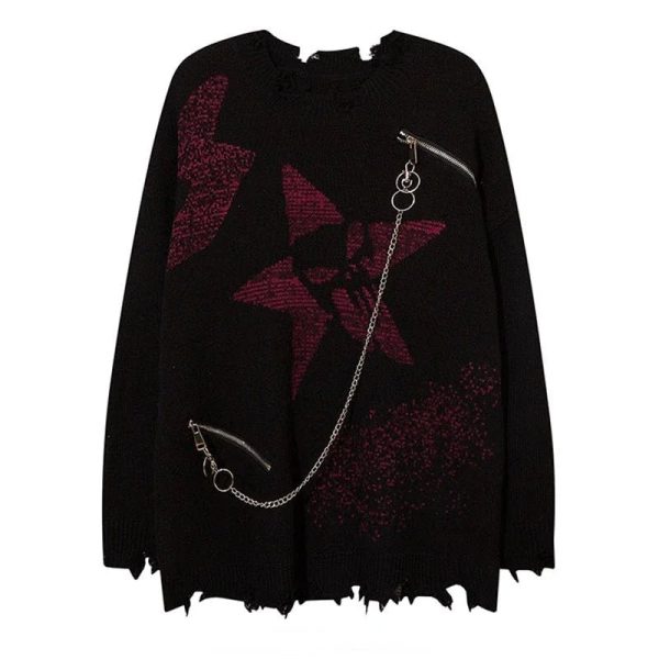 Crimson Chaos Y2K Aesthetic Chain Sweater for Grunge and Coquette Styles