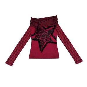 Crimson Chaos Y2K Off-Shoulder Top for Coquette and Grunge Aesthetics