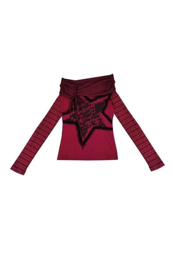 Crimson Chaos Y2K Off-Shoulder Top for Coquette and Grunge Aesthetics