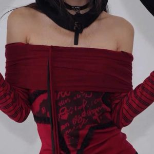 Crimson Chaos Y2K Off-Shoulder Top for Coquette and Grunge Aesthetics