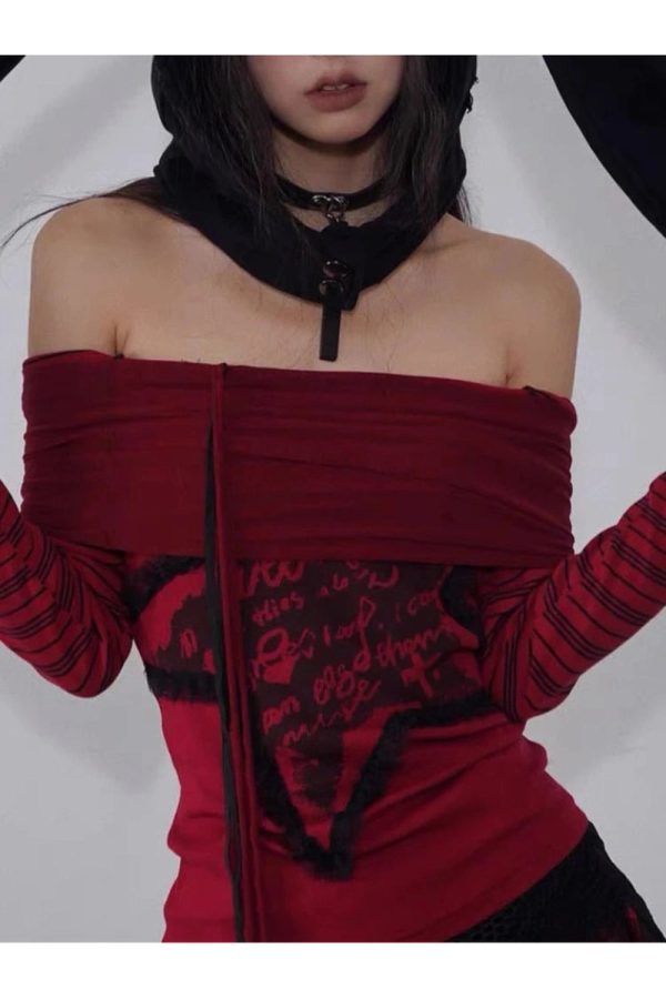 Crimson Chaos Y2K Off-Shoulder Top for Coquette and Grunge Aesthetics