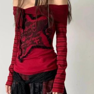 Crimson Chaos Y2K Off-Shoulder Top for Coquette and Grunge Aesthetics