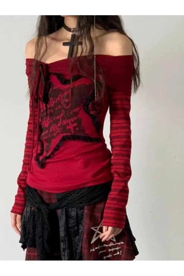 Crimson Chaos Y2K Off-Shoulder Top for Coquette and Grunge Aesthetics