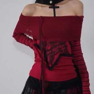 Crimson Chaos Y2K Off-Shoulder Top for Coquette and Grunge Aesthetics