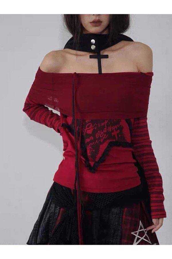 Crimson Chaos Y2K Off-Shoulder Top for Coquette and Grunge Aesthetics