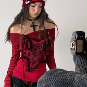 Crimson Chaos Y2K Off-Shoulder Top for Coquette and Grunge Aesthetics