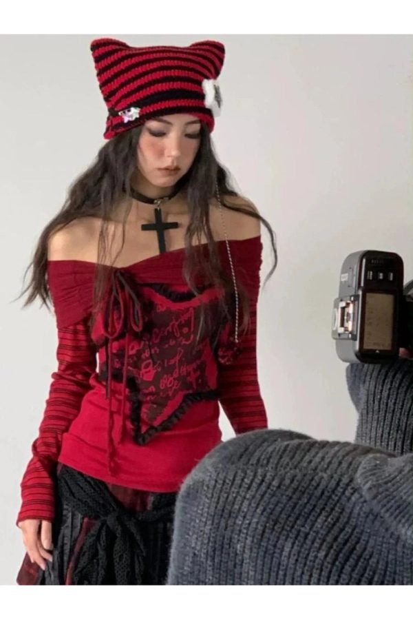 Crimson Chaos Y2K Off-Shoulder Top for Coquette and Grunge Aesthetics