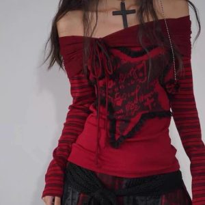 Crimson Chaos Y2K Off-Shoulder Top for Coquette and Grunge Aesthetics