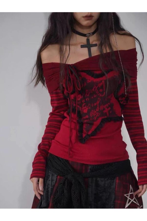 Crimson Chaos Y2K Off-Shoulder Top for Coquette and Grunge Aesthetics