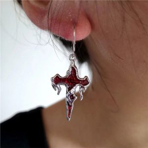 Crimson Gothic Cross Earrings for Y2K, Grunge, and Coquette Aesthetics