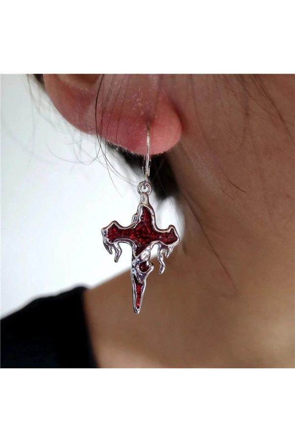 Crimson Gothic Cross Earrings for Y2K, Grunge, and Coquette Aesthetics