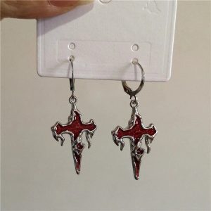 Crimson Gothic Cross Earrings for Y2K, Grunge, and Coquette Aesthetics