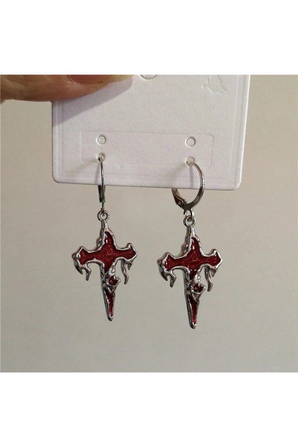 Crimson Gothic Cross Earrings for Y2K, Grunge, and Coquette Aesthetics