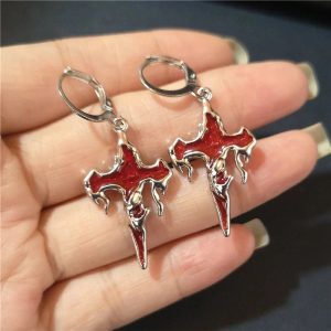 Crimson Gothic Cross Earrings for Y2K, Grunge, and Coquette Aesthetics