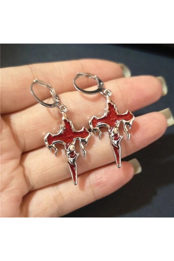 Crimson Gothic Cross Earrings for Y2K, Grunge, and Coquette Aesthetics