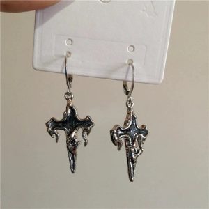 Crimson Gothic Cross Earrings for Y2K, Grunge, and Coquette Aesthetics