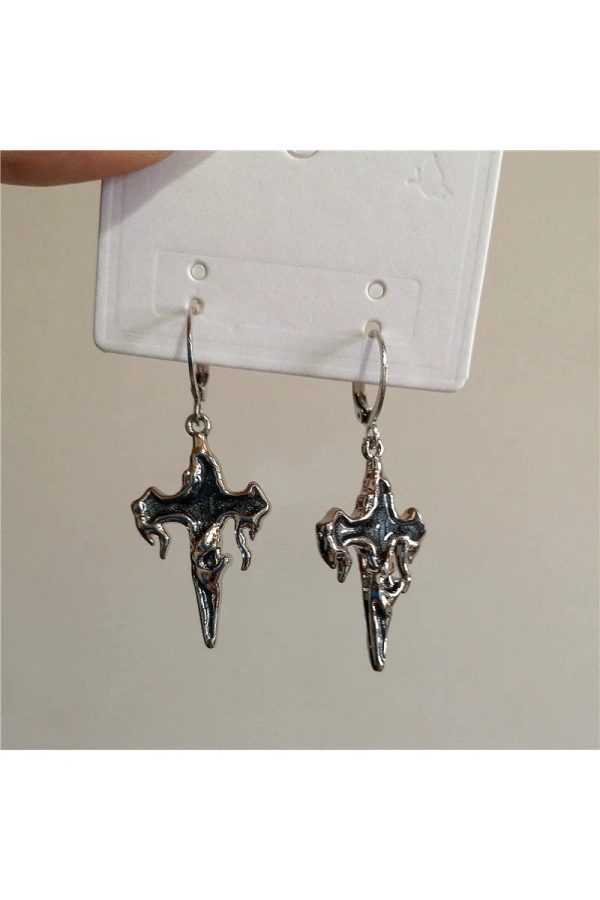 Crimson Gothic Cross Earrings for Y2K, Grunge, and Coquette Aesthetics