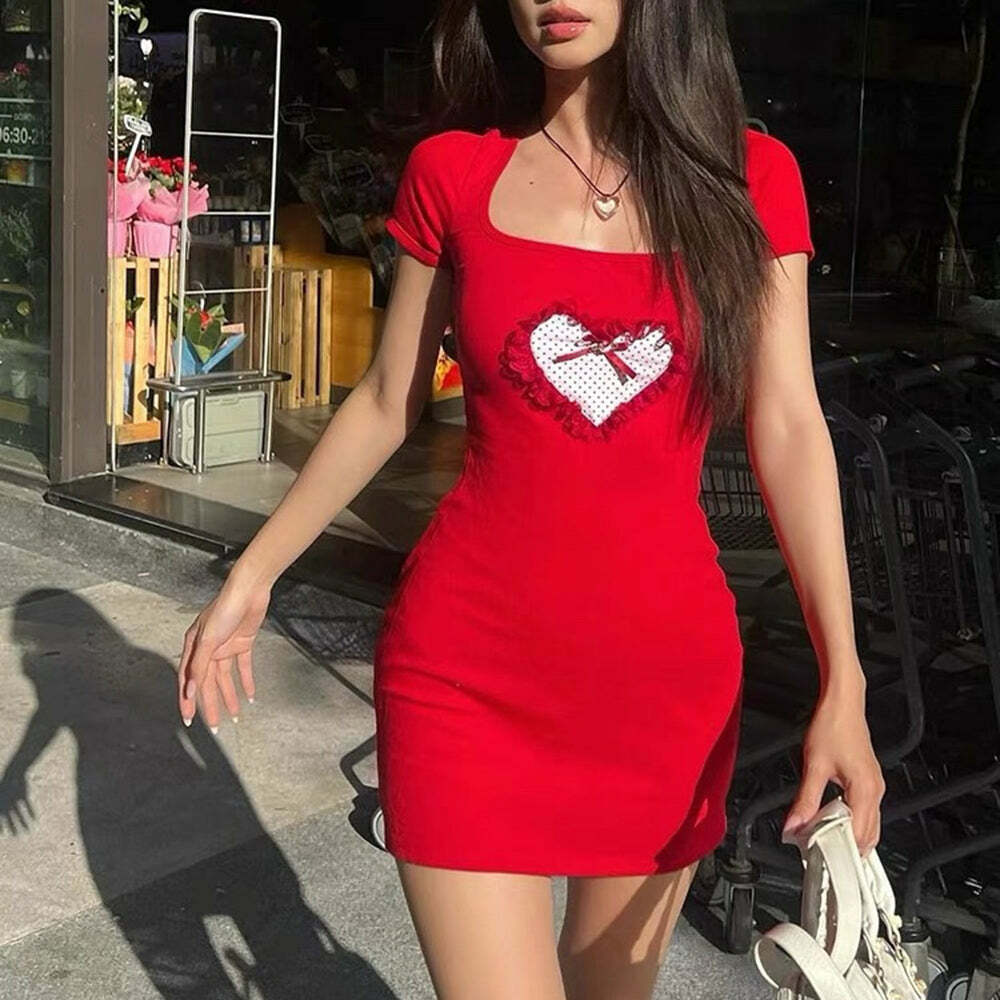 Crimson Heart Mini Dress - Y2K Aesthetic Cute Dress for Trendy Outfits