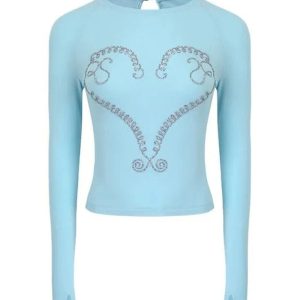 Crystal Heart Long Sleeve Crop Top - Y2K Aesthetic Cute Top for Fall